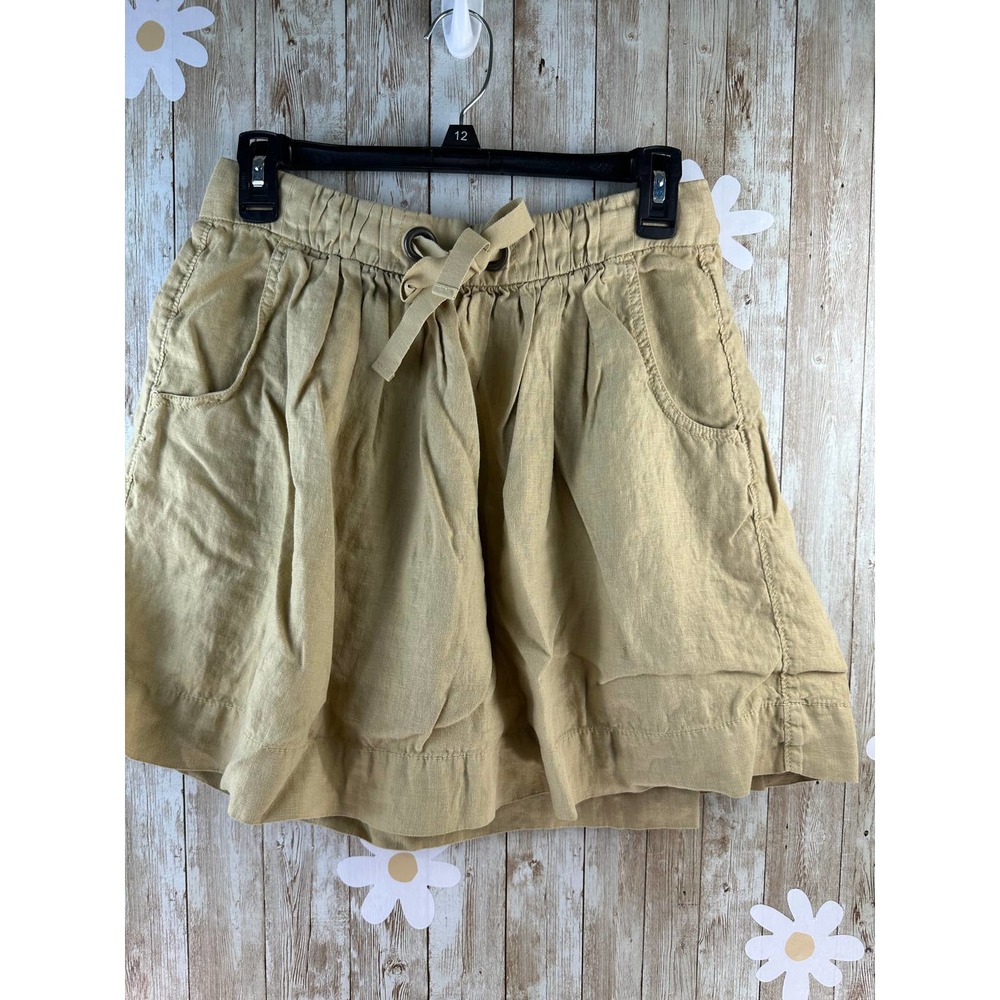 J. Crew Linen A-line Mini Skirt Sz 2 Khaki Tan Drawstring‎ Elastic Waist Pockets